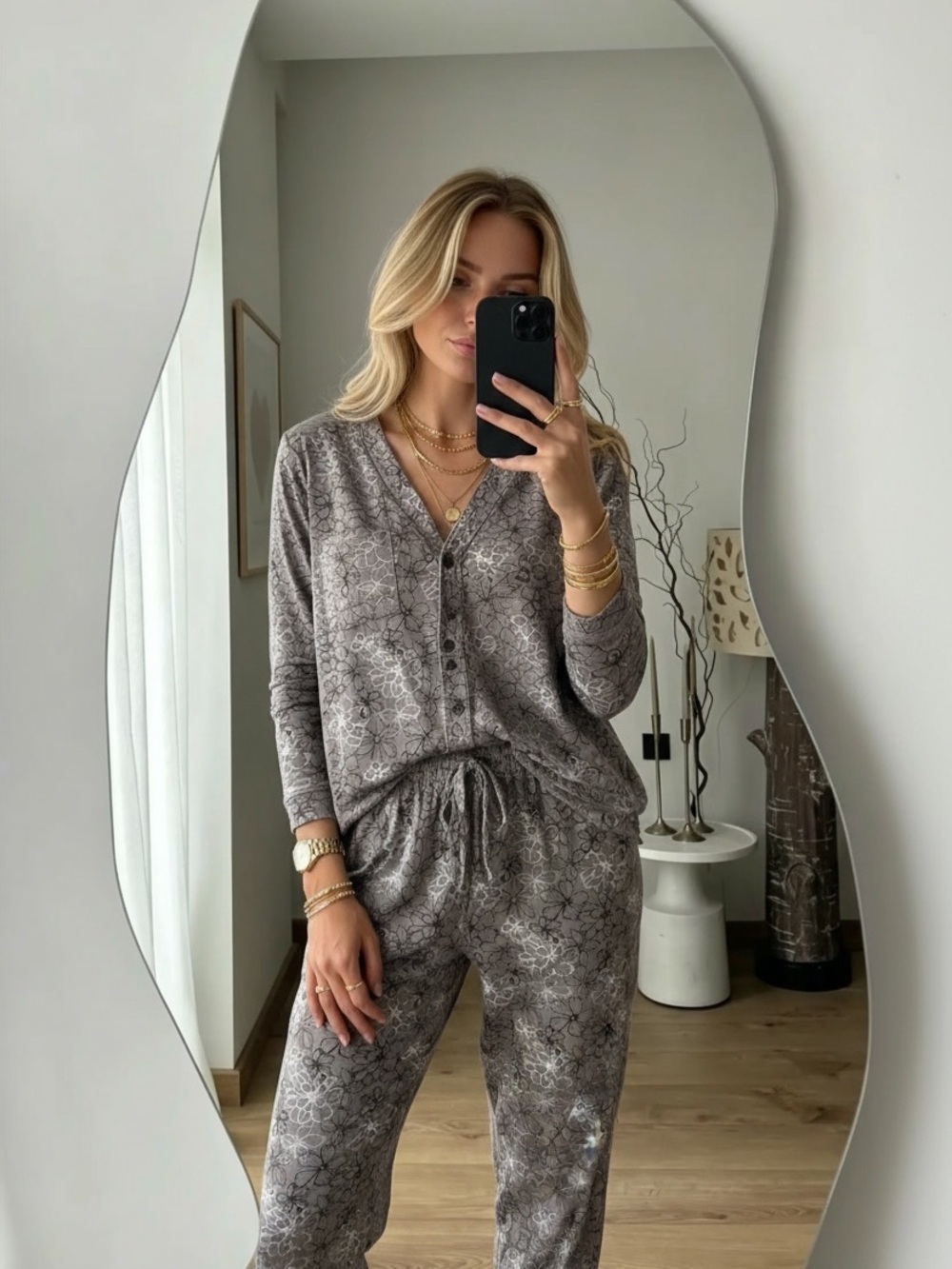 Carole Hochman Gray Floral Pajama Set Size Small